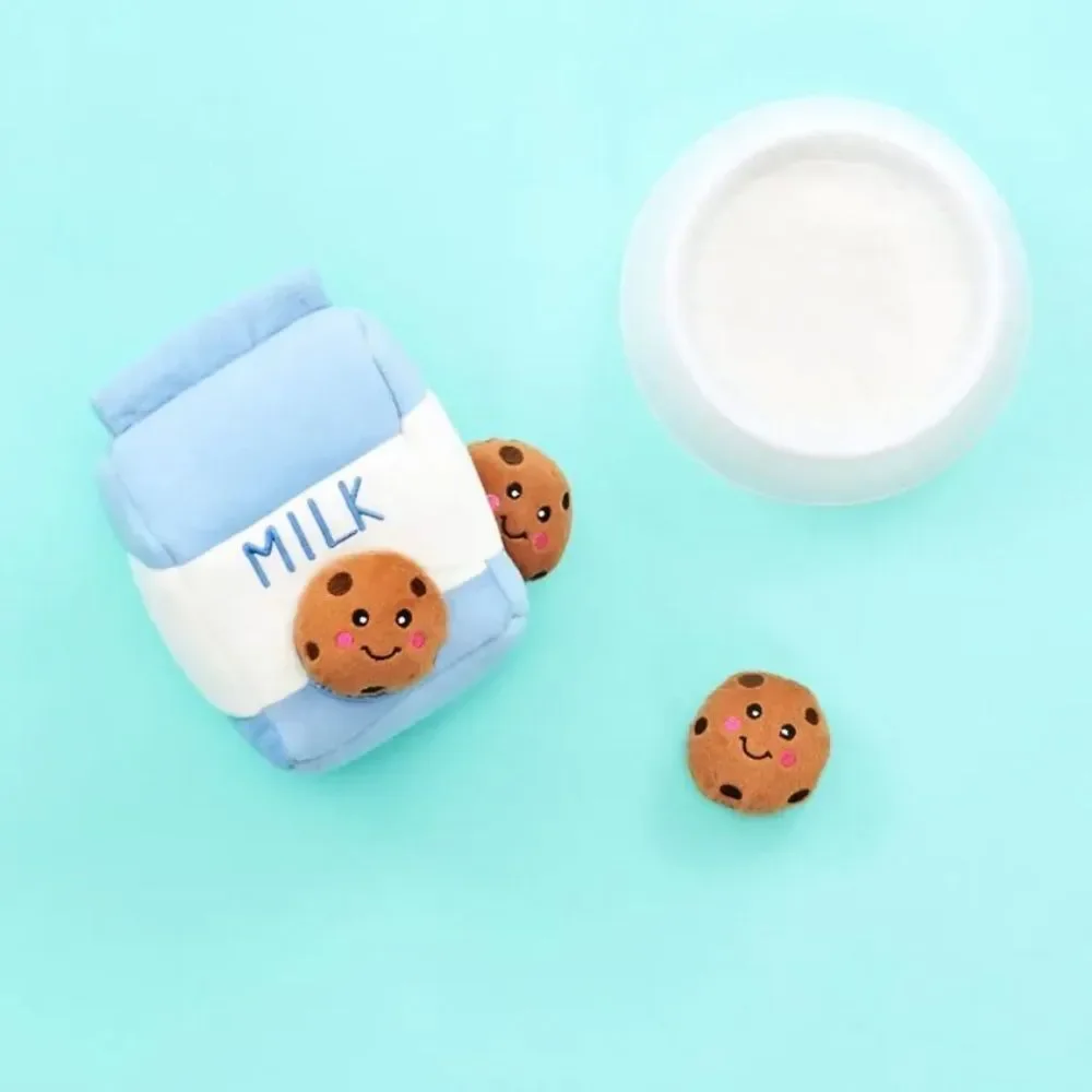 Zippy Paw Milk and Cookies Blue White Brown Interactive Puzzle Plush Dog Toy